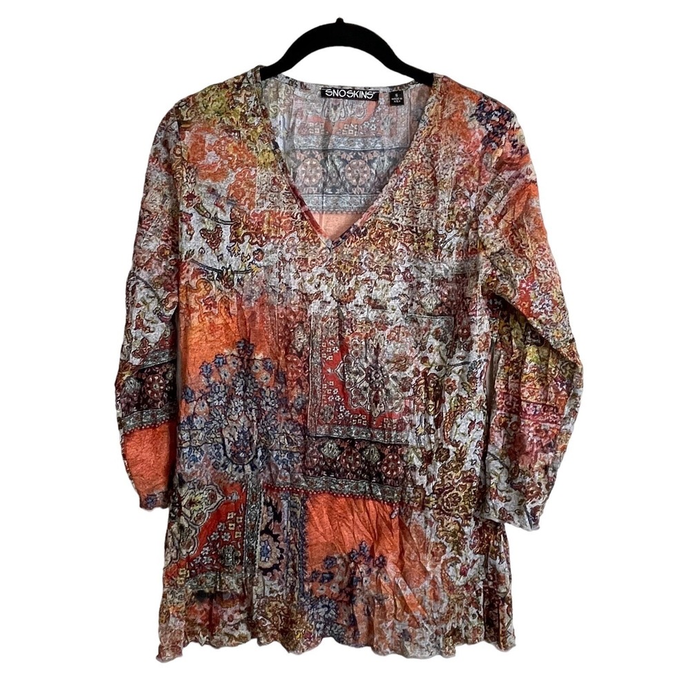 Snoskins Tunic Top Women S Orange Multi Paisley V-Neck 3/4 Sleeve Boho USA Layer